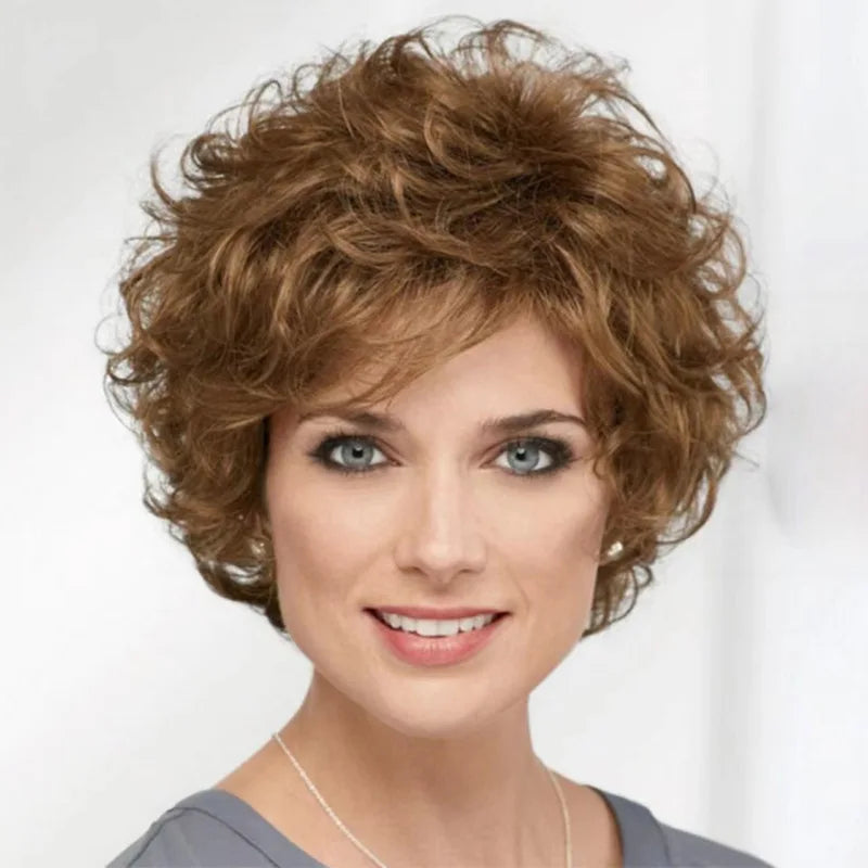 Crown & Glory Wigs Short Brown Pixie Cut Wigs with Bangs Straight Synthetic Hair Wig Ombre Blonde Wig Headband Cosplay Wig