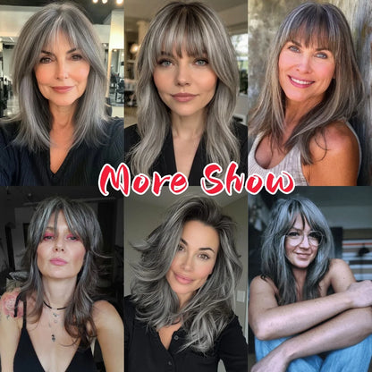 Crown & Glory WigsHENRY MARGU Grey Layered Synthetic Natural Wig Medium Length Straight Wig with Bangs for Women Daily Party Wigs Heat Resistant