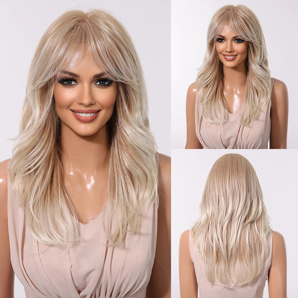 Crown & Glory WigsHENRY MARGU Grey Layered Synthetic Natural Wig Medium Length Straight Wig with Bangs for Women Daily Party Wigs Heat Resistant