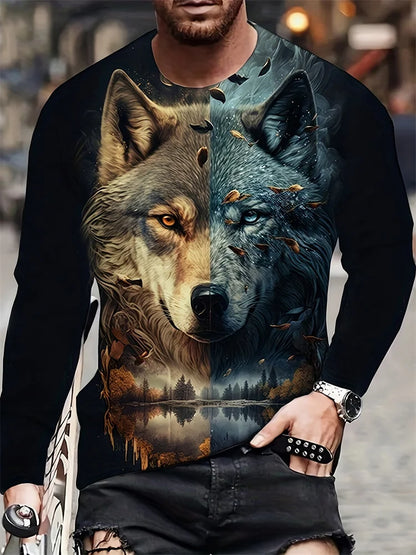 Men clothing Street Fashion Men's Long Sleeve T-shirt  Wolf Print