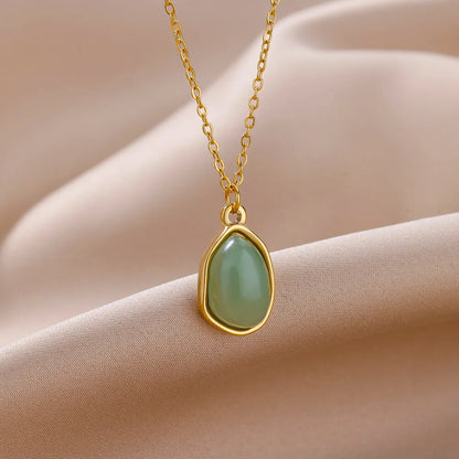 Jewellery   Oval Opal Pendant Necklace For Women Stainless Steel Gold Color Chain Collar Cute Lucky Jewelry Birthday Gift New Free Shipping