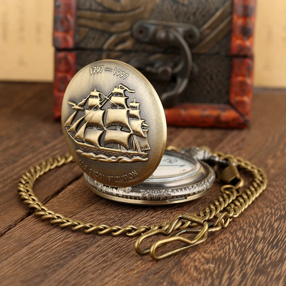 Jewellery   Steampunk U.S.S Constitution 1797-1997 Quartz Pocket Watch Sailing Canvas Boat Necklace Pendant Bronze Pocket Timepiece Gift