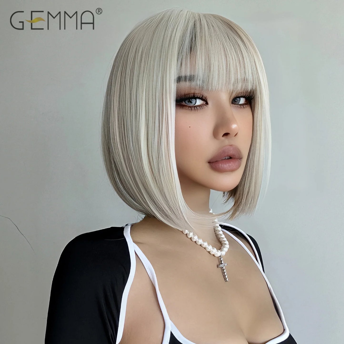 Crown & Glory Wigs   Short Straight Platinum Blonde Synthetic Wig with Bangs Cosplay Party Rice White Bob Hair Wigs for Women Heat Resistant Fibre