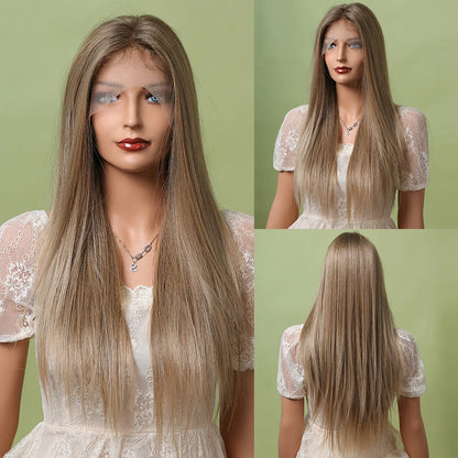 Crown & Glory Wigs   ALAN EATON Light Brown Straight Lace Front Wigs Middle Parting Ombre Blonde Lace Synthetic Wig Natural Hairline Heat Resistant