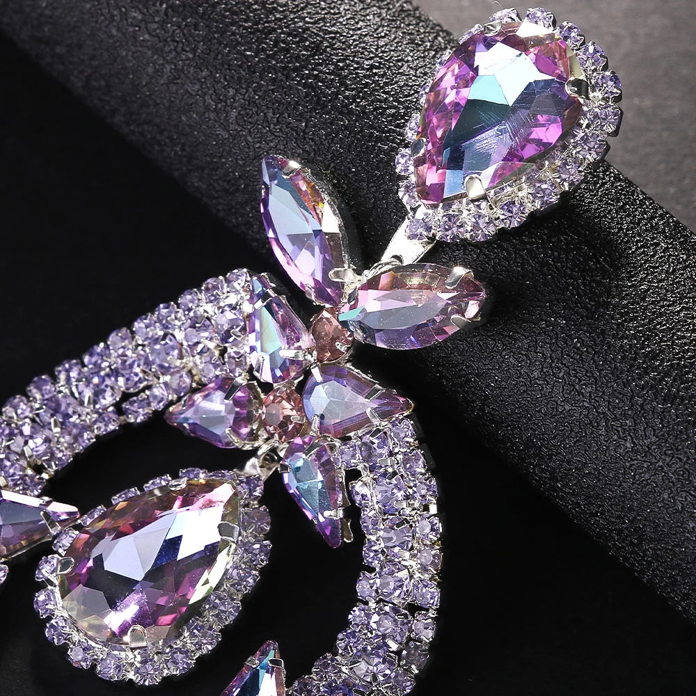 Jewellery  Luxury Purple Exaggerate Dangle Earrings Oversized Accessories Elegant Lady Water Drop Large Rhinestone Earrings Party Jewelry