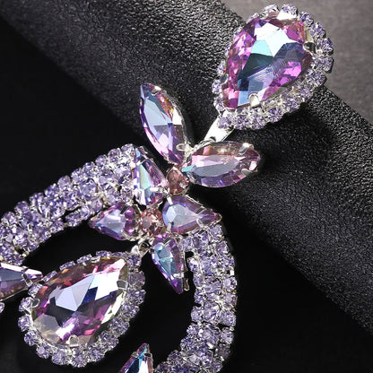 Jewellery  Luxury Purple Exaggerate Dangle Earrings Oversized Accessories Elegant Lady Water Drop Large Rhinestone Earrings Party Jewelry