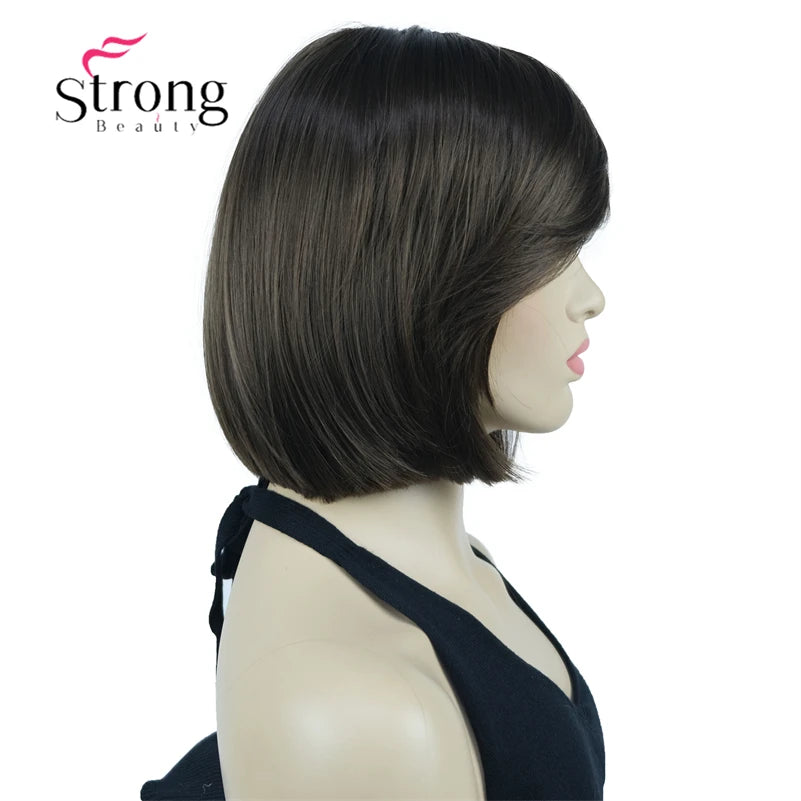 Crown & Glory Wigs Strong Beauty Women's Brown Short Straight Bob Wig with Side Bangs Synthetic Full Hair Wigs Heat Resistant