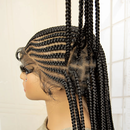 Crown & Glory Wigs  34 Inches Handmade Synthetic Braiding Wig HD Full Lace Cornrow Braided Wigs Back Knotless Box Braids Wig for Black Women