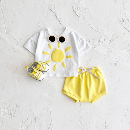 Girl clothing Toddler Boys Outfit Baby Clothes Set Newborn Baby Summer Clothing Cotton Girl Suit Sun Flower Print T-shirt+Beach Shorts