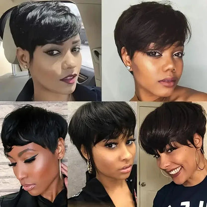 Crown & Glory Wigs  Pixie Cut 100% Full machine Human Hair Wig with Bangs for Women Short Layered Human Hair Brazilian Natural Black Hairs Cheap Wig