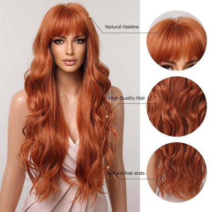 Crown & Glory Wigs  Ginger Curly Synthetic Wigs for Women Long Natural Wavy Orange Wigs with Flat Bangs Colorful Party Heat Resistant Wig