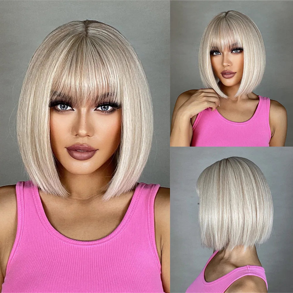 Crown & Glory Wigs  HENRY MARGU Brown Highlight Bob Wig Mixed Color Synthetic Hair for Women Natural Short Straight Wigs with Bangs High Temperature