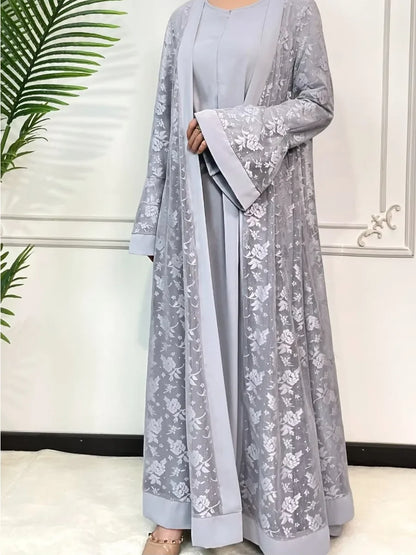 Muslim family   Ramadan Eid Prayer Lace Abaya 2 Piece Set Inner Dress Women Flare Sleeve Long Abayas Kaftan Djellaba Dubai Party Vestidos 2024