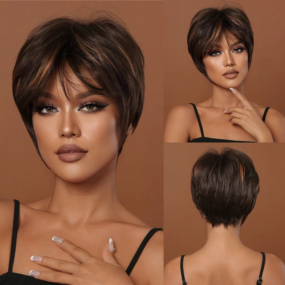 Crown & Glory Wigs EASIHAIR Short Honey Brown Synthetic Wigs for Women Layered Natural Hair Wigs Free Part Short Hair Daily Wig Heat Resistant