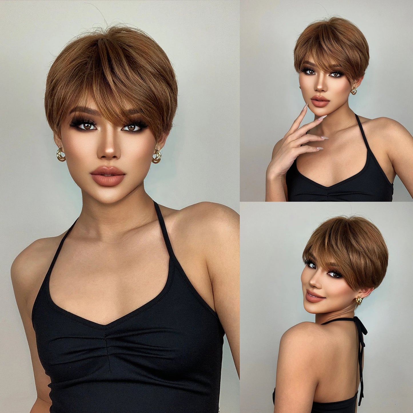 Crown & Glory Wigs EASIHAIR Short Honey Brown Synthetic Wigs for Women Layered Natural Hair Wigs Free Part Short Hair Daily Wig Heat Resistant