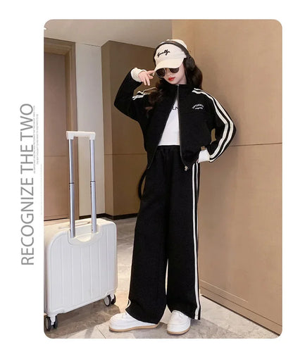 Girl clothing    Korean Spring Autumn Children Girl Sports Suit Teenager Girl Zipper Sweat Jackets+Wide-leg Sweatpants Junior Girl Tracksuit