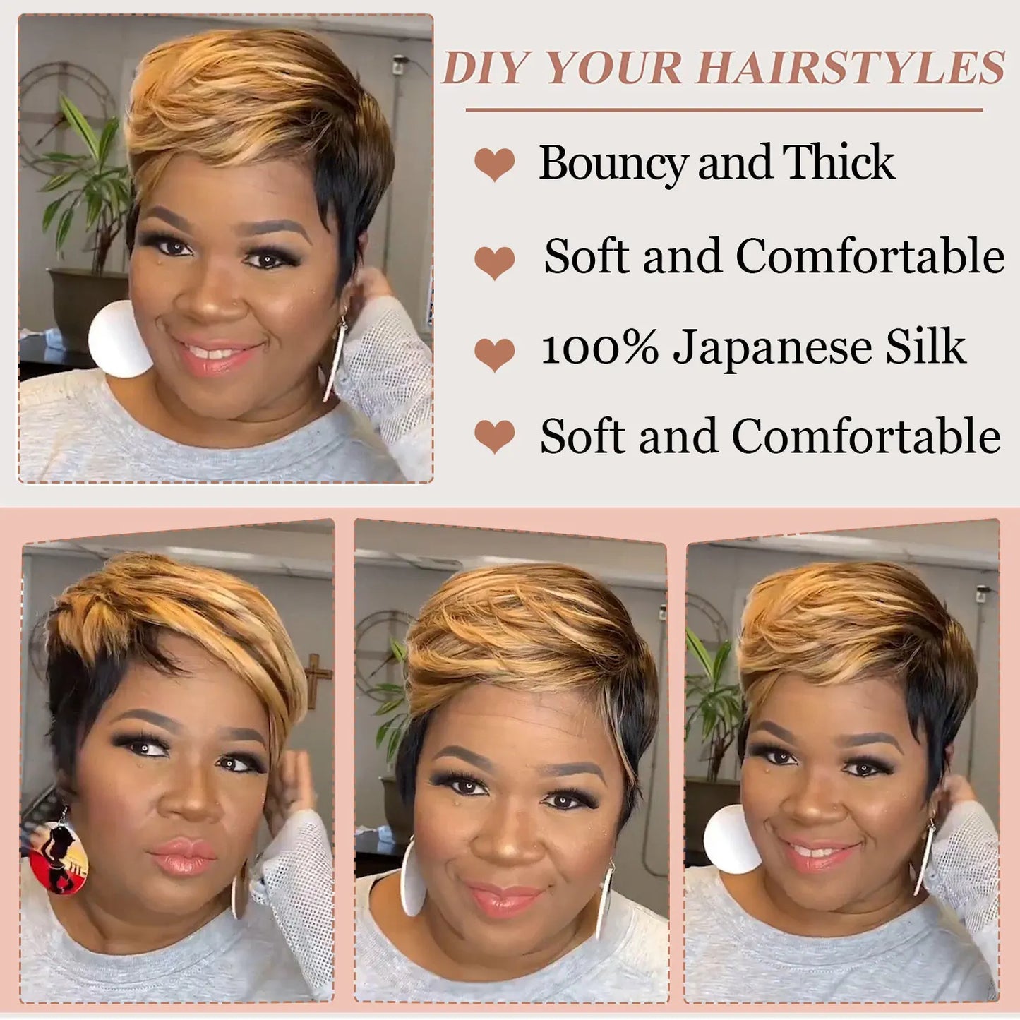 Crown & Glory Wigs  WIGERA Highlight Synthetic Short Straight Pixie Cut Hair Bob Wig Ombre Honey Blonde Mix Black Bronw Layered Hair Wigs For Woman