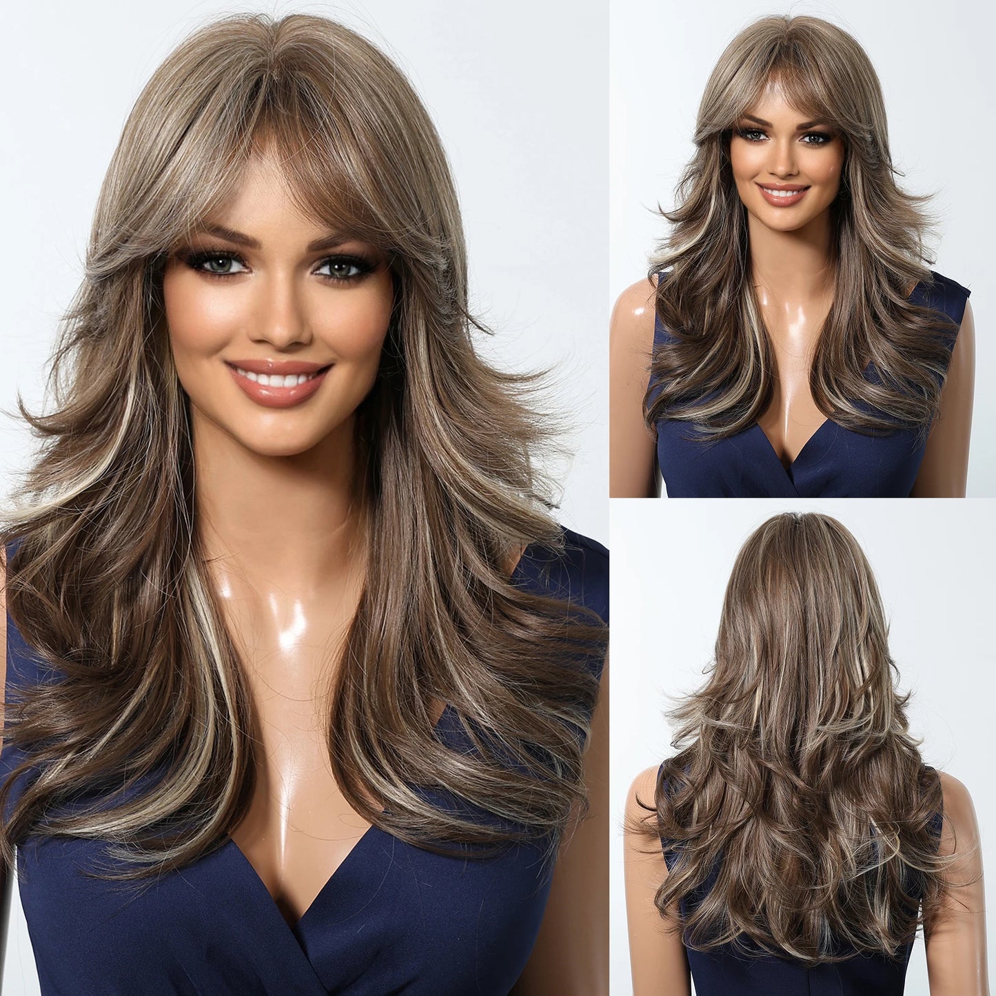 Crown & Glory WigsHENRY MARGU Grey Layered Synthetic Natural Wig Medium Length Straight Wig with Bangs for Women Daily Party Wigs Heat Resistant