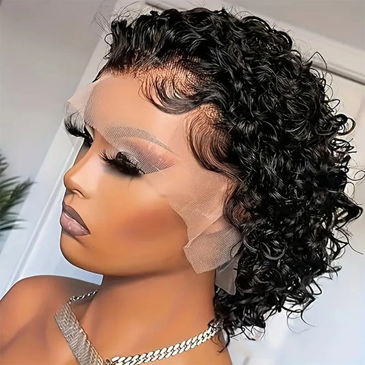 Crown & Glory Wigs  Pixie Cut Wigs Short Kinky Curly Lace Front Human Hair Wigs 13x2 Transparent Lace Frontal Wigs 1B/99 Ombre Water Wave Bob Wig