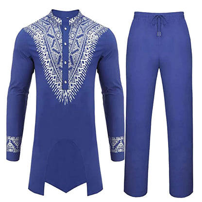 Muslim family   Men'S Ethnic Style Robe Suit Fashion Trend Vintage Gothic Set Hot Stamping Printed Robe Drawstring Straight Pants Two Piece Set