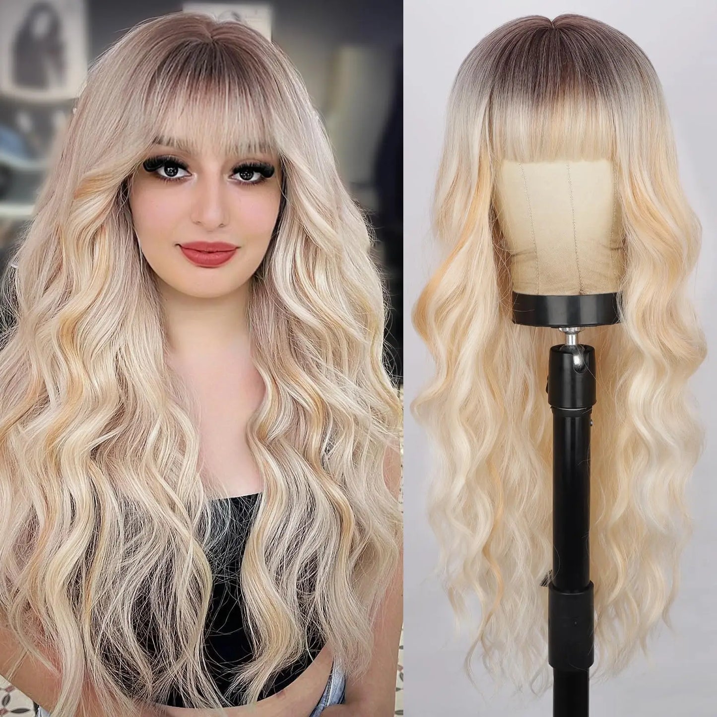 Crown & Glory Wigs Ombre Blonde Women Stylish Long Natural Wave wig  Synthetic Wigs heat-resistant fiber Glamorous Silky  Dark Root