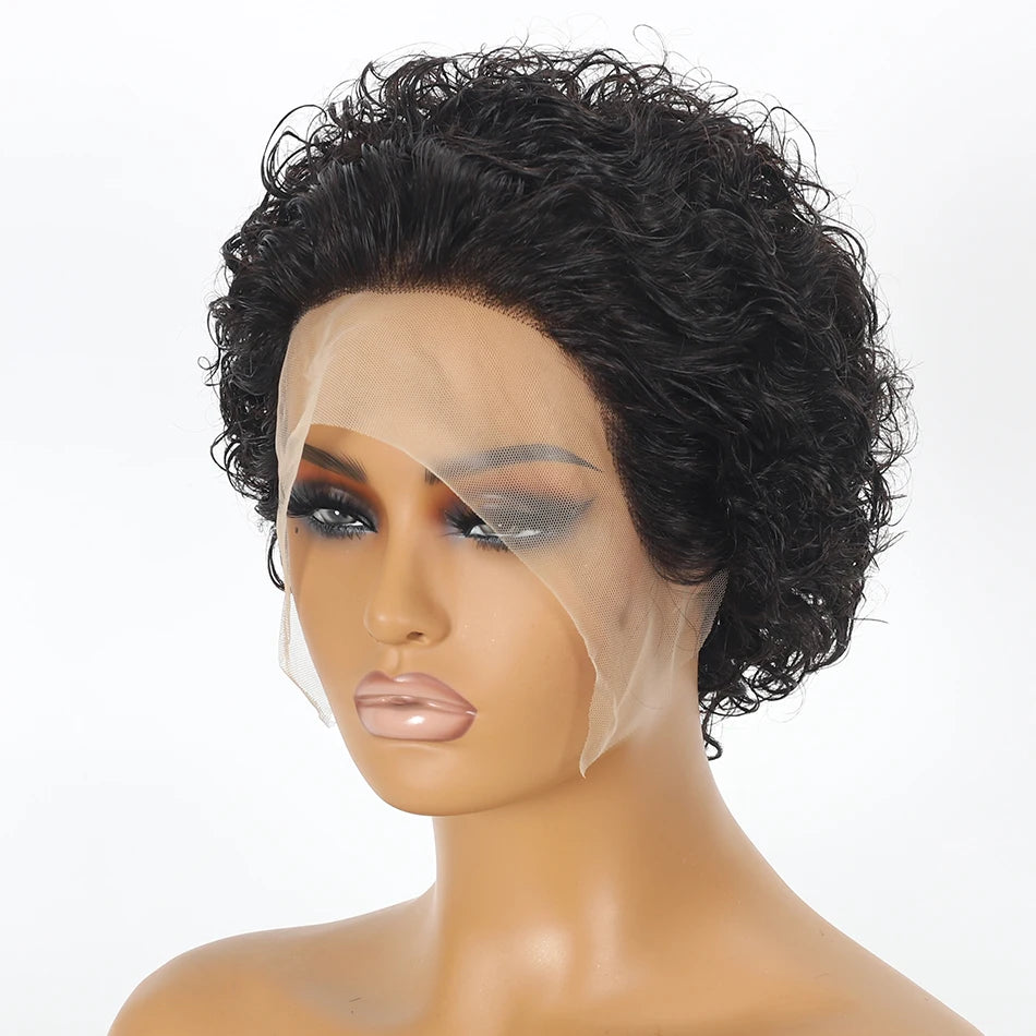 Crown & Glory Wigs  Pixie Cut Wigs Short Kinky Curly Lace Front Human Hair Wigs 13x2 Transparent Lace Frontal Wigs 1B/99 Ombre Water Wave Bob Wig