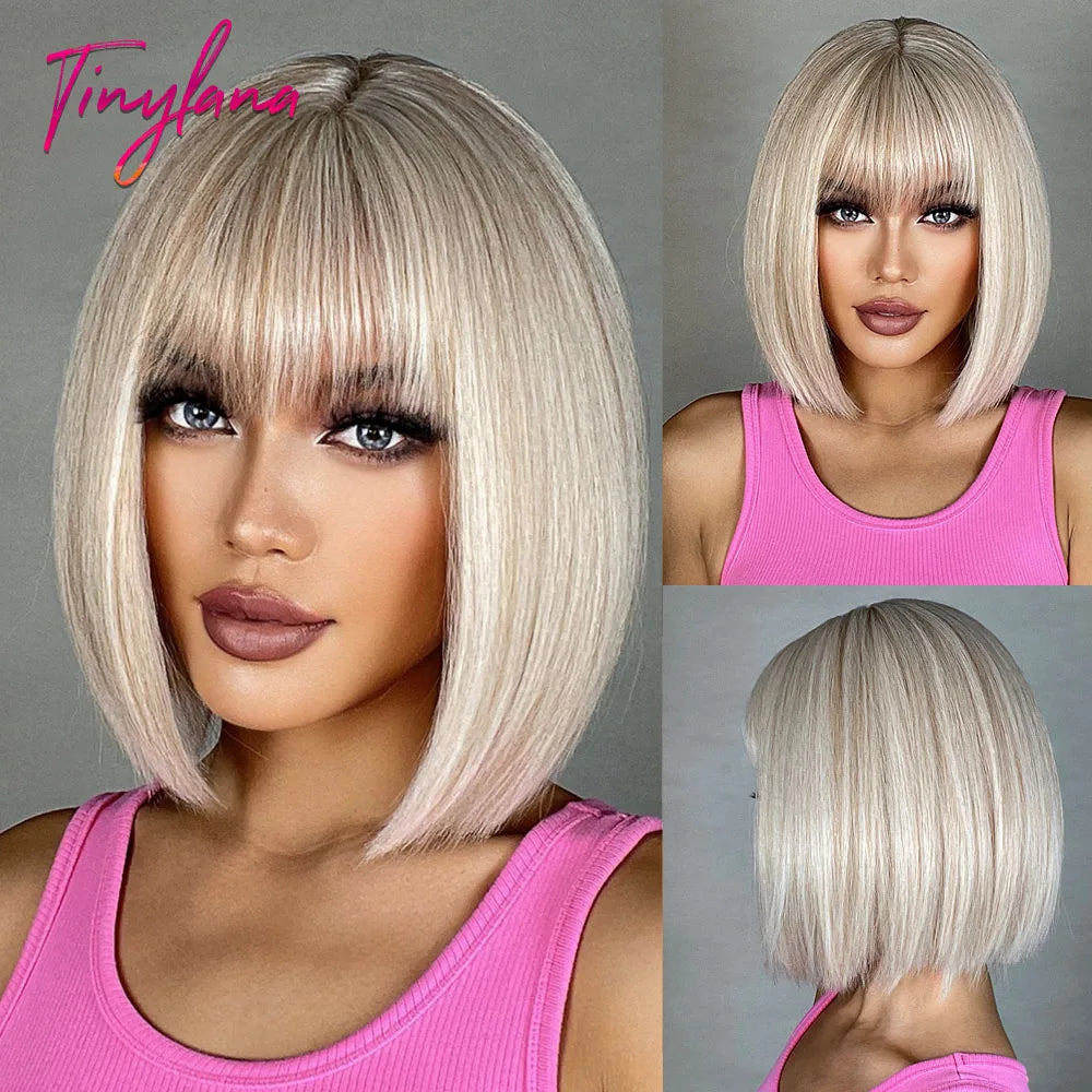 Crown & Glory Wigs Orange Short Bob Straight Synthetic Wigs with Bangs for White Women Afro Cosplay Christmas Hair Natural Daily Heat Resistant Wig