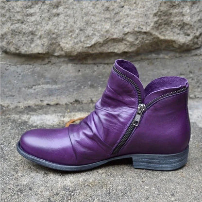 Woman shoes Fashion Purple Blue Ankle Boots Woman Autumn Casual Flat Pu Leather Short Booties Ladies Metal Zip Deco Pleated Design Botas