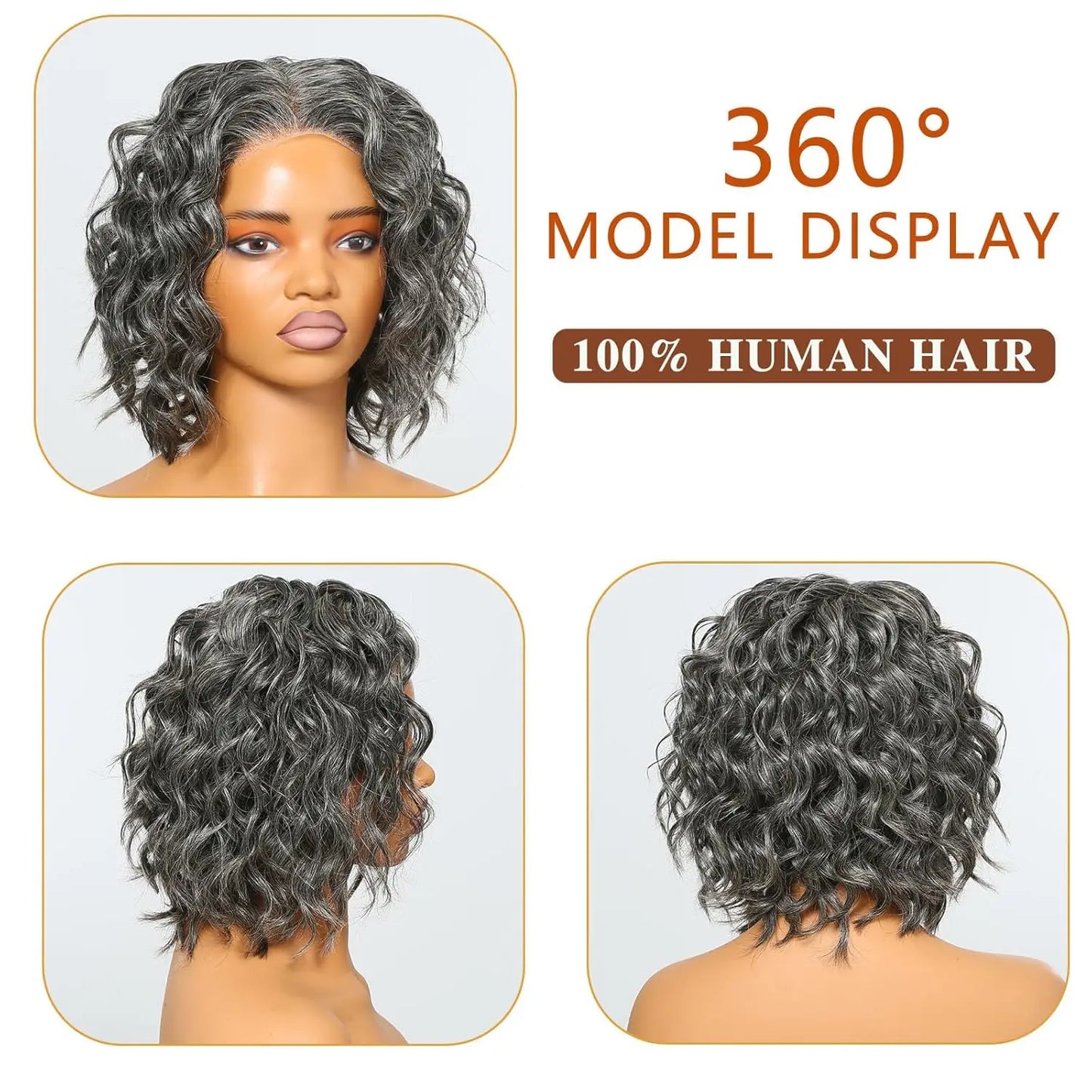 Crown & Glory Wigs  Luvin 16inch Water wave Bob Wig Salt and Pepper Human Hair Wigs Pre Plucked Grey Short Bob Wig Pre Cut 5x5 Closure Wig For Women