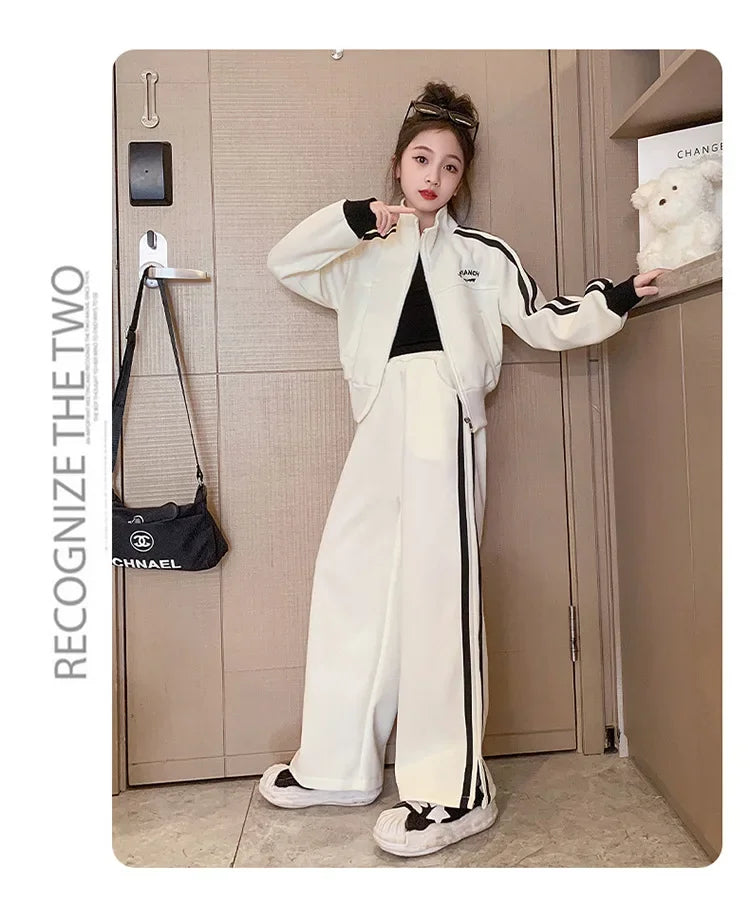 Girl clothing    Korean Spring Autumn Children Girl Sports Suit Teenager Girl Zipper Sweat Jackets+Wide-leg Sweatpants Junior Girl Tracksuit