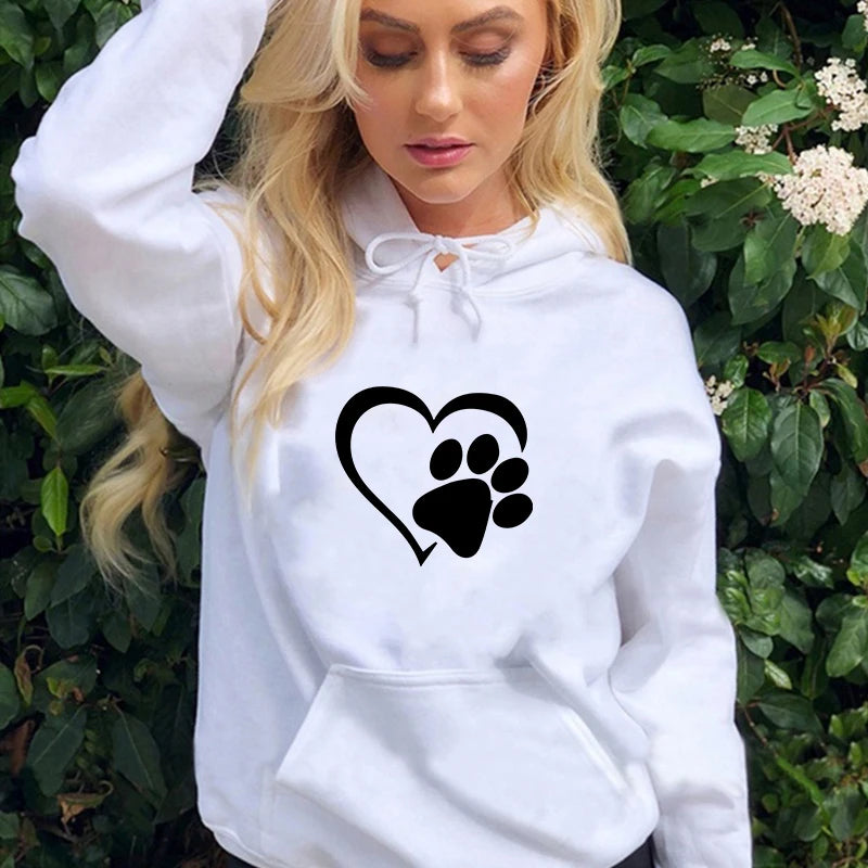 Woman clothing   New Cute Dog Paw and Heart Shape Print Hoodies Women Casual Long Sleeve Hoodies Autumn Winter Pullovers Plus Size