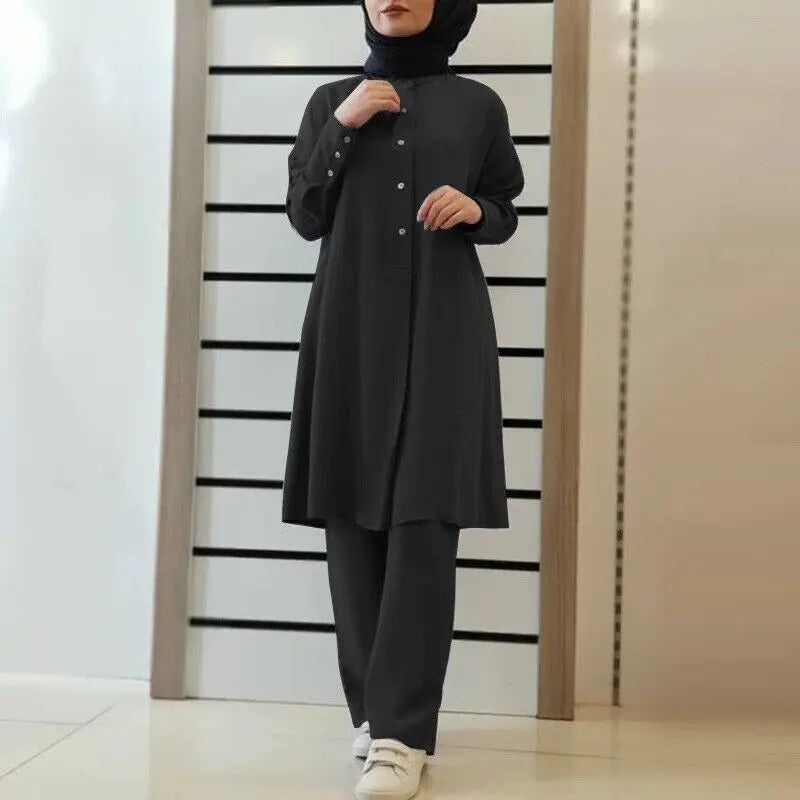 Muslim Family   Arab New Solid Color Two-Piece Shirt Pants Set Muslim Women Casual Loose  Set