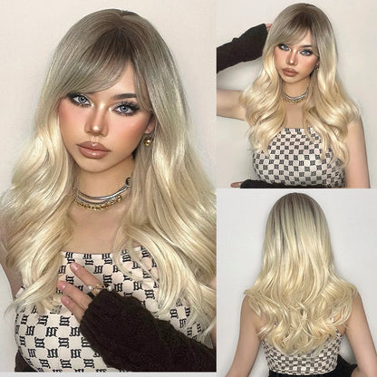 Crown & Glory Wigs  Long Light Blonde Wavy Wig with Bangs Synthetic Women Hair Wigs for Cosplay Daily Use Natural Fake Hair Heat Resistant Fibre