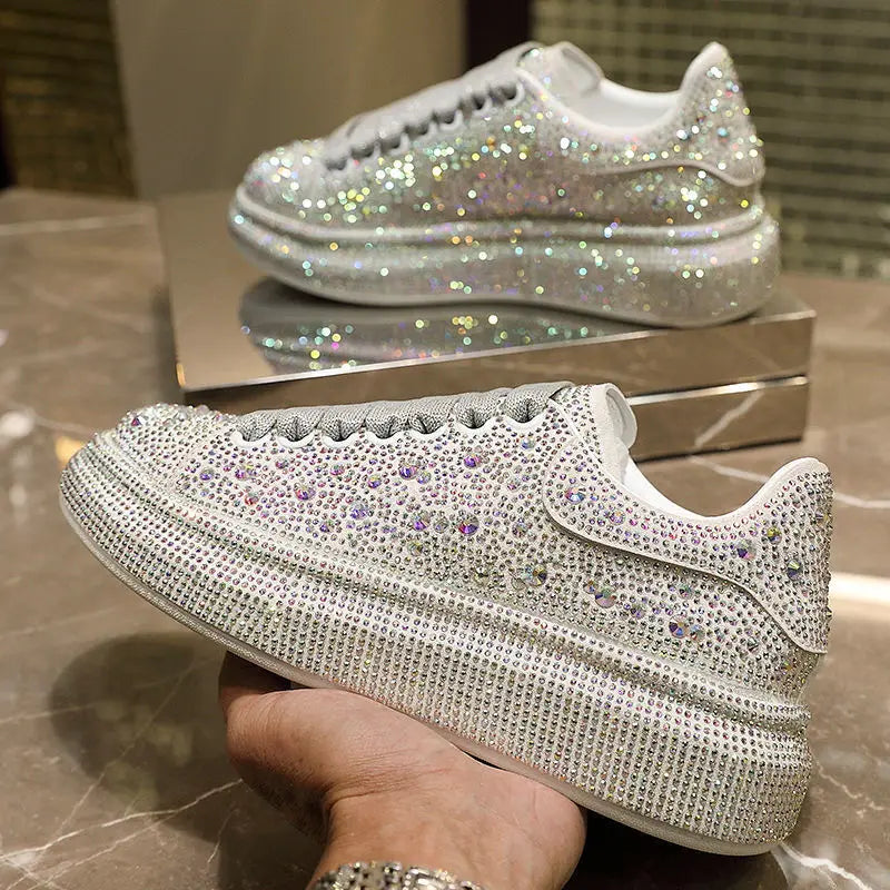 Woman shoes Autumn Women Platform Shoes crystal Thick-soled White Silver Shoes Shining Crystal Sneakers Trend Casual Sneakers