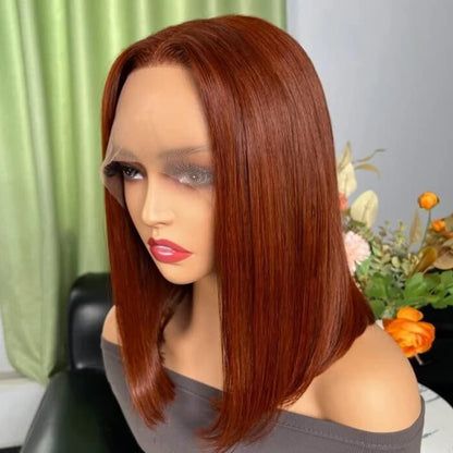 Crown & Glory Wigs   Short Brown Colour Bob Wig Peruvian Straight Lace Front Human Hair Wigs For Women Reddish Brown #33 Lace Part Wig With Baby Hair