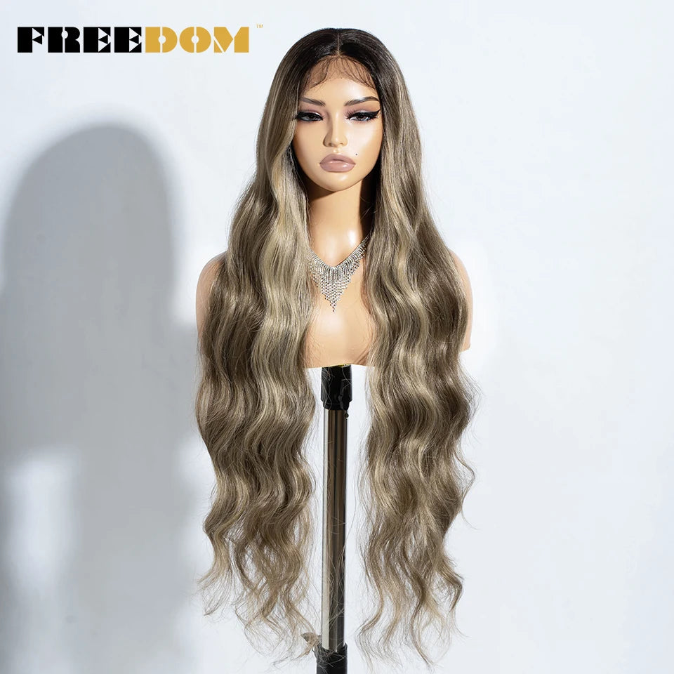 Crown & Glory Wigs   FREEDOM Synthetic Lace Front Wigs For Women 36" Long Body Wave Lace Wig Ombre Brown Blonde Highlight Cosplay Wigs Heat Resistant