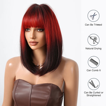 Crown & Glory Wigs  Black to Red Omber Straight Synthetic Wigs with Bangs Medium Synthetic Wigs for Women Use Cosplay Heat Resistant Natural Hair