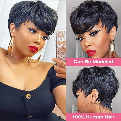 Crown & Glory Wigs  Pixie Cut 100% Full machine Human Hair Wig with Bangs for Women Short Layered Human Hair Brazilian Natural Black Hairs Cheap Wig