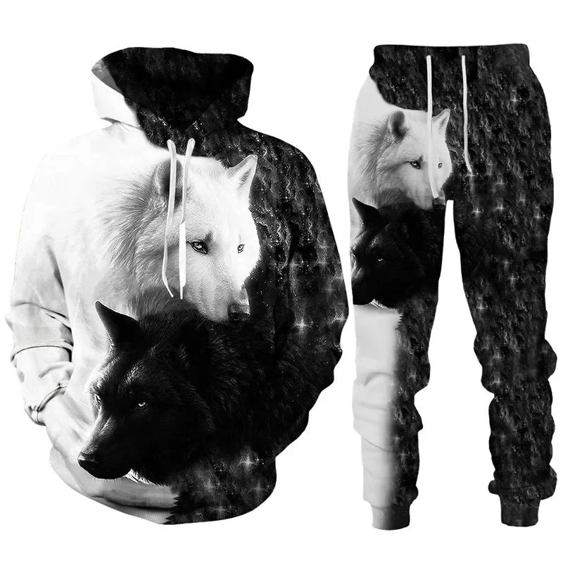 Men clothing  3D Print Hoodies Suit Man Dazzle Wolf Hip Hop Streetwear Hoodie And Pants 2pcs Sets