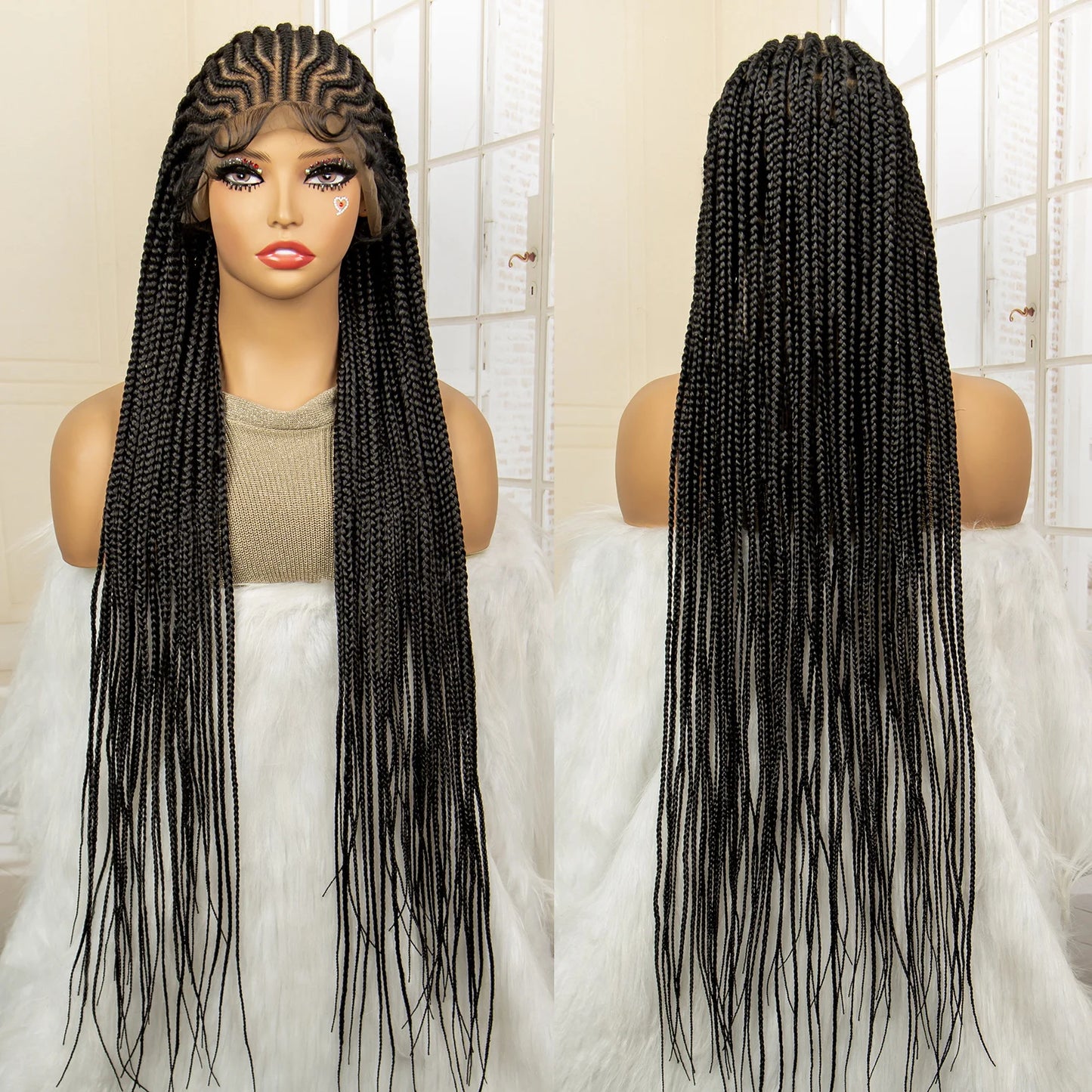 Crown & Glory Wigs  34 Inches Handmade Synthetic Braiding Wig HD Full Lace Cornrow Braided Wigs Back Knotless Box Braids Wig for Black Women