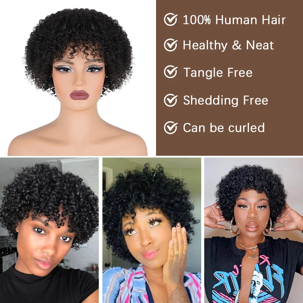 Crown & Glory Wigs 10 Inch Afro Kinky Curly Bob Wig With Bangs Curly Pixie Cut Glueless Wigs Machine Made Brazilian Human Hair Wigs For Black Women