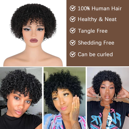 Crown & Glory Wigs  Short Curly Pixie Cut Wig with Bangs Glue less Afro Kinky Curly Brazilian Human Hair Wigs For Women Ready to Go Machine Made Wig