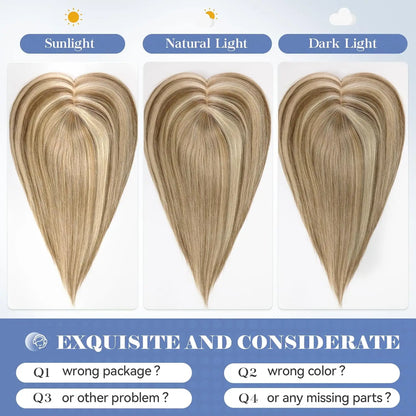 Crown & Glory Wigs  14 inch Straight Real Human Hair Topper No Bangs 5"*5.5" Base Brown Blonde Highlights Hair Toppers for Women with Thinning Hair