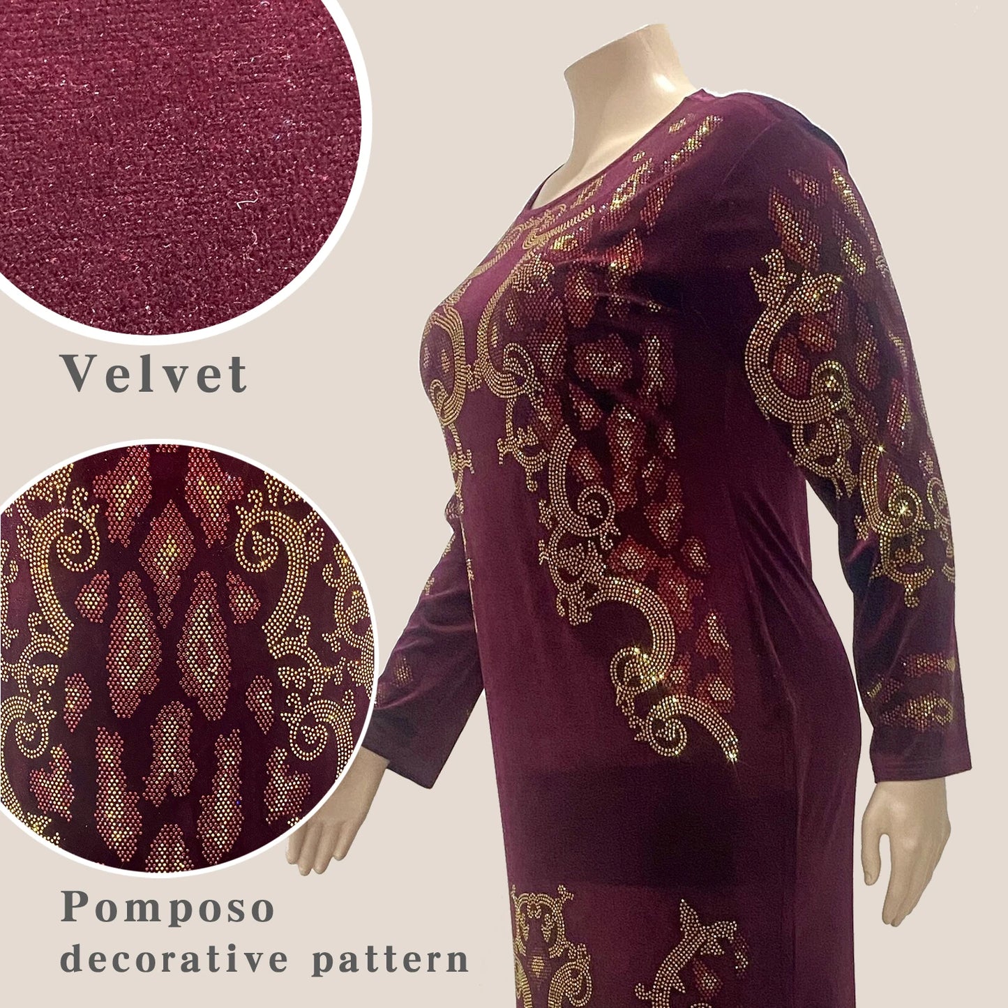 Muslim family    New Muslim Velvet Maxi Dress Cocktail Party Evening Elegant Round Neck Velvet Formal Dress Long Sleeve Maxi Dress Clothing