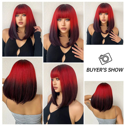 Crown & Glory Wigs  Black to Red Omber Straight Synthetic Wigs with Bangs Medium Synthetic Wigs for Women Use Cosplay Heat Resistant Natural Hair