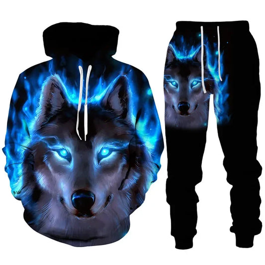 Men clothing  3D Print Hoodies Suit Man Dazzle Wolf Hip Hop Streetwear Hoodie And Pants 2pcs Sets