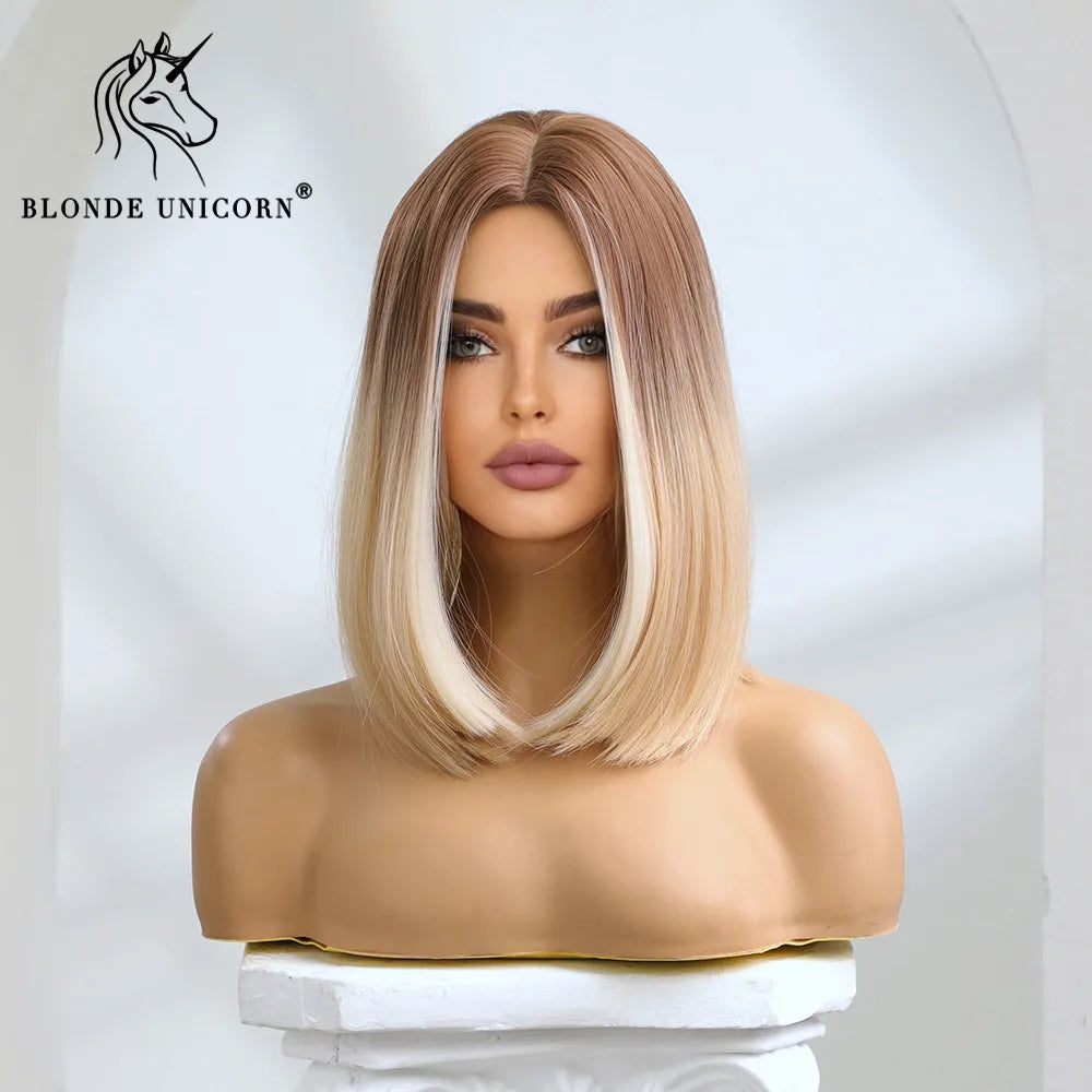 Crown & Glory Wigs  Blonde Unicorn Synthetic Wig Medium Long Ombre Blonde to Platinum For Women Daily Party Cosplay Wigs Heat Resistant Fiber Hair