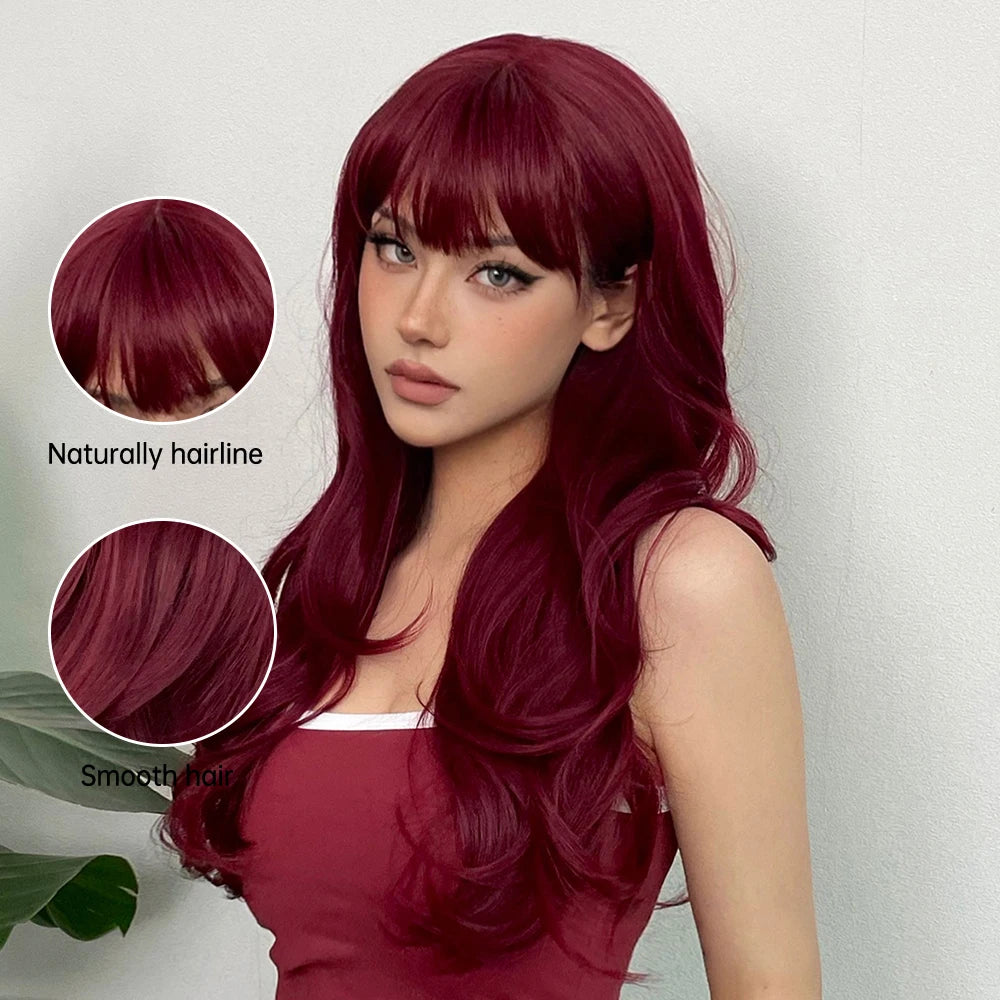 Crown & Glory Wigs HENRY MARGU Burgundy Long Wavy Wigs Wine Red Wig with Bangs for Women Daily Synthetic Hair Cosplay Wig Heat Resistant Fiber