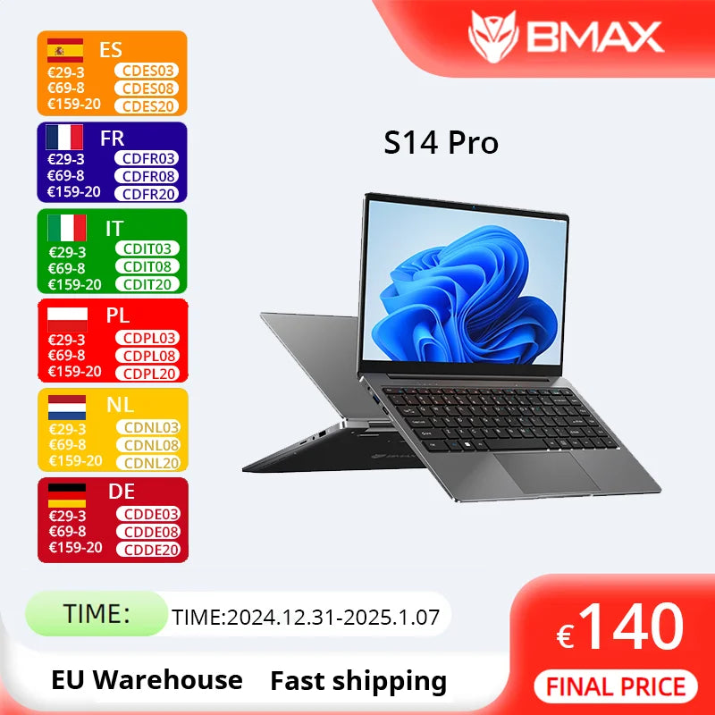 Laptop  BMAX S14 Pro Intel N5000 8GB RAM 256GB SSD CPU 1920*1080 14 Inch Laptop Windows 11 Notebook Dual Wifi USB laptop PC