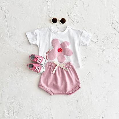 Girl clothing Toddler Boys Outfit Baby Clothes Set Newborn Baby Summer Clothing Cotton Girl Suit Sun Flower Print T-shirt+Beach Shorts